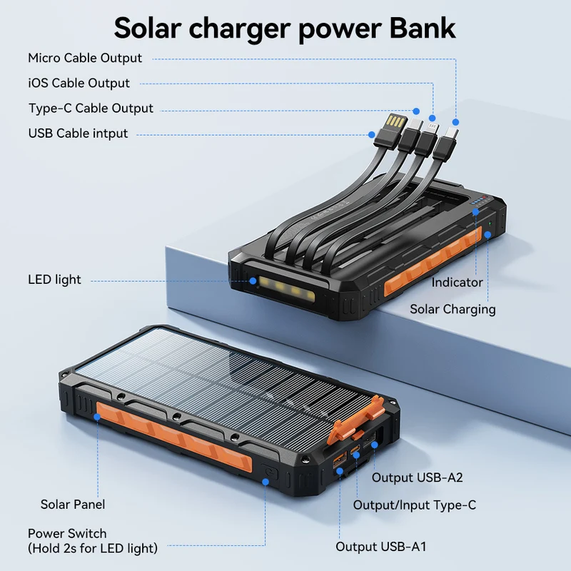 Solar-Powerbank mit integrierten Ladekabeln und robustem Gehäuse Skanto