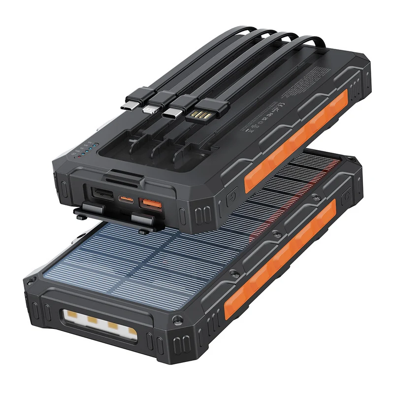 Solar-Powerbank mit integrierten Ladekabeln und robustem Gehäuse Skanto
