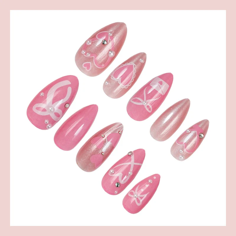 Premium Kunstnagelset mit romantischen Herz- und Schleifenmotiven Brehn