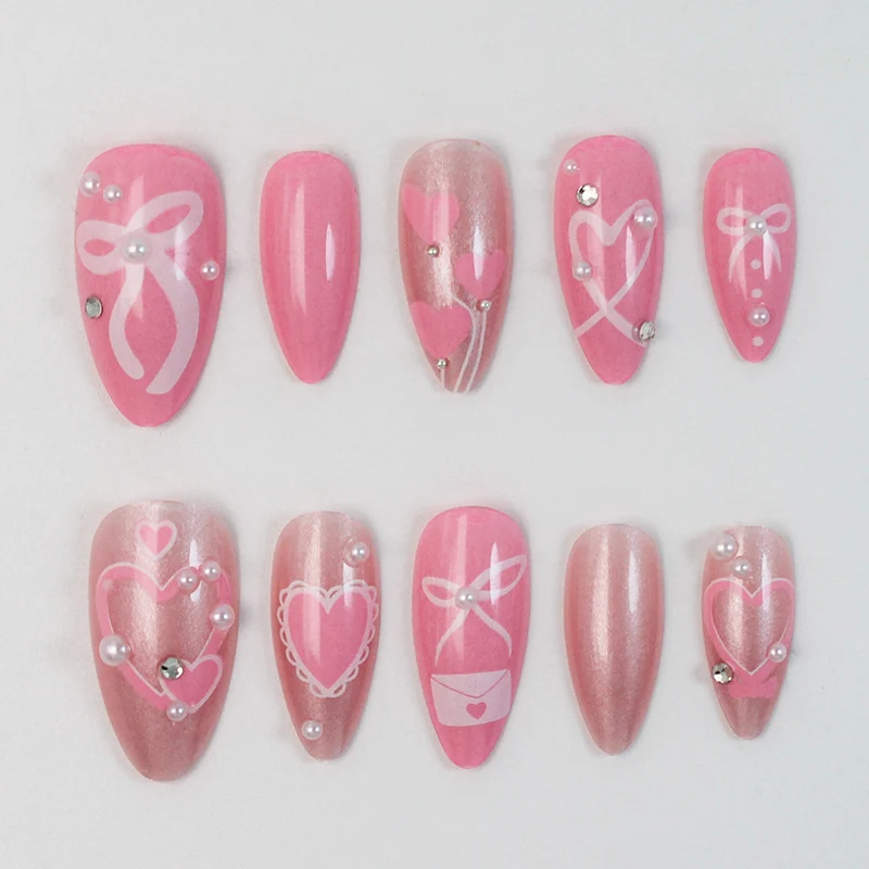 Premium Kunstnagelset mit romantischen Herz- und Schleifenmotiven Brehn