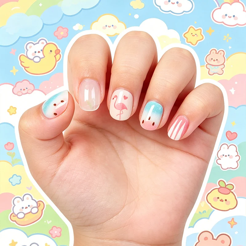 Kunstnagelset mit verspielten Flamingo- und Streifenmotiven Brehn