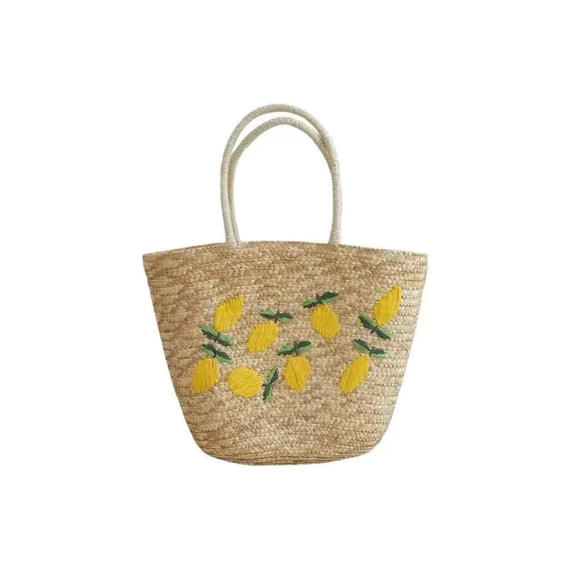 Geräumige Strohtasche mit Zitronenstickerei Skanto