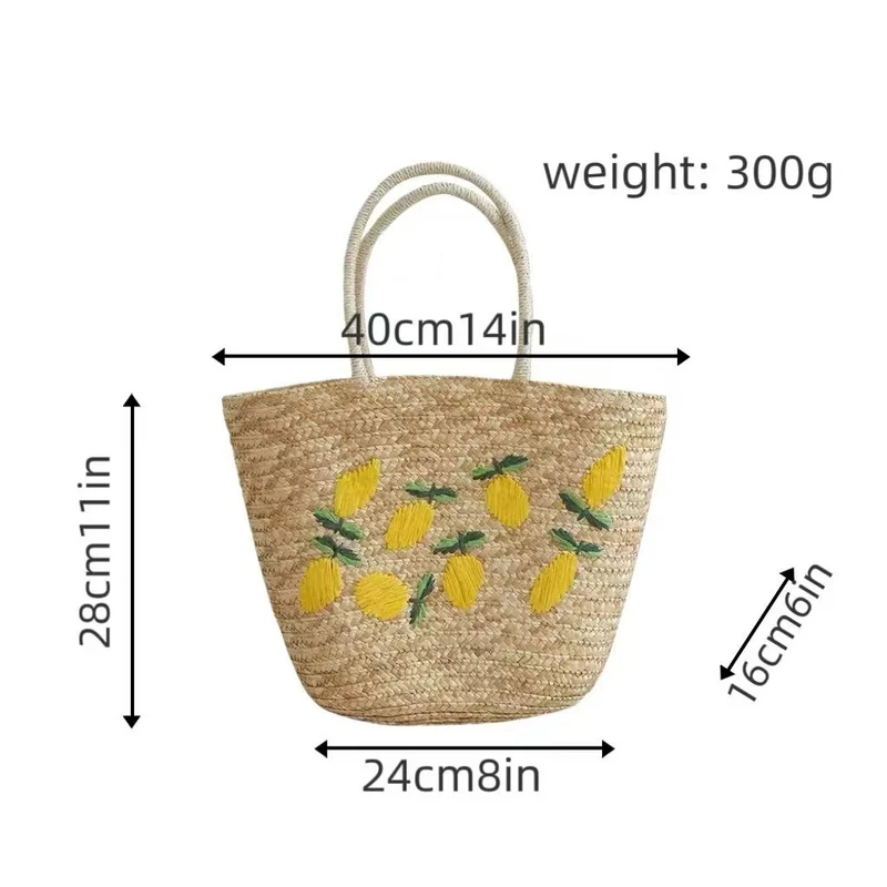 Geräumige Strohtasche mit Zitronenstickerei Skanto