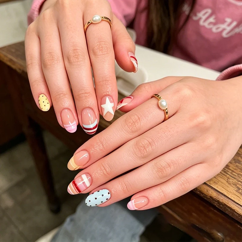 Kunstnagelset mit fröhlichen Mustern Brehn