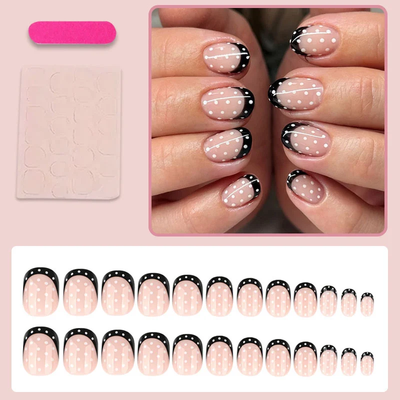 Kunstnagelset mit eleganten Punkten und stilvollem Schwarz Brehn