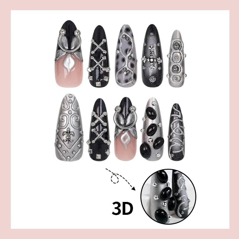 Kunstnagelset mit eleganten 3D-Verzierungen und stilvollen Akzenten Brehn