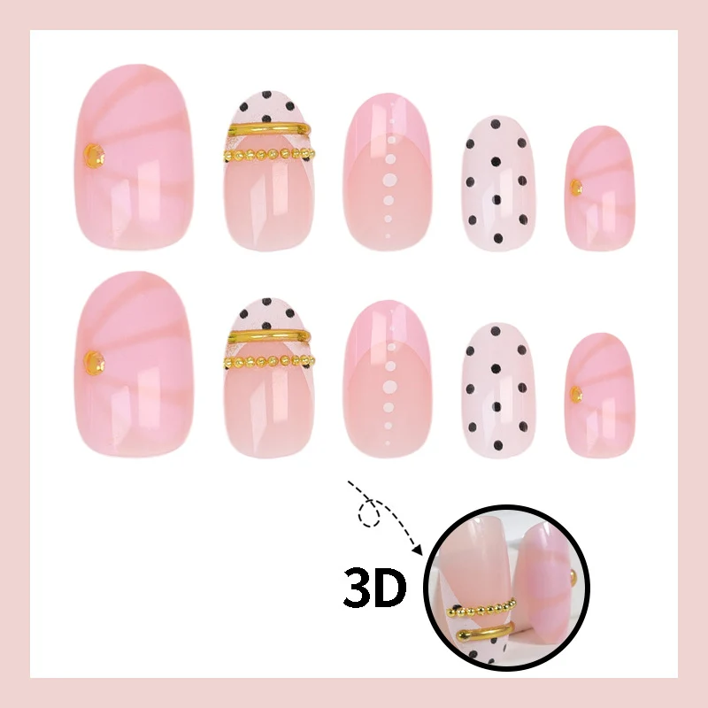 Kunstnagelset mit elegantem Polka-Dot und glamourösen goldenen Akzenten Brehn