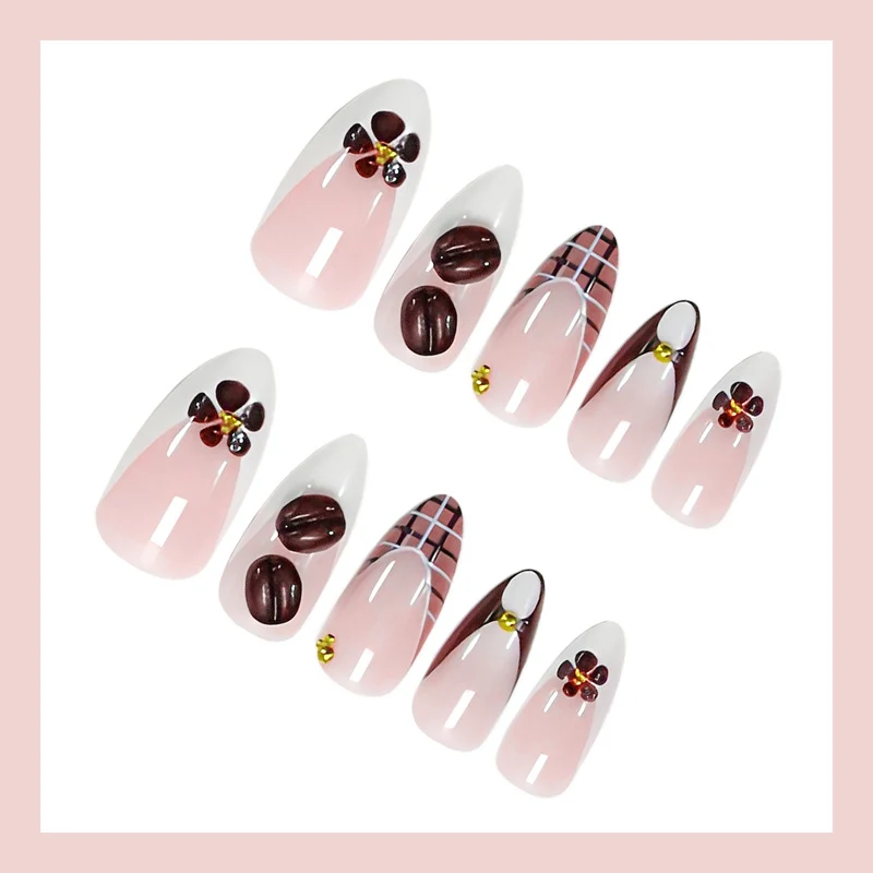 Kunstnagelset mit elegantem Kaffee- und Blumen-Motiv Brehn