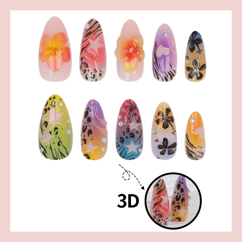 Kunstnagelset mit bunten Blumen- und Leo-Designs Brehn