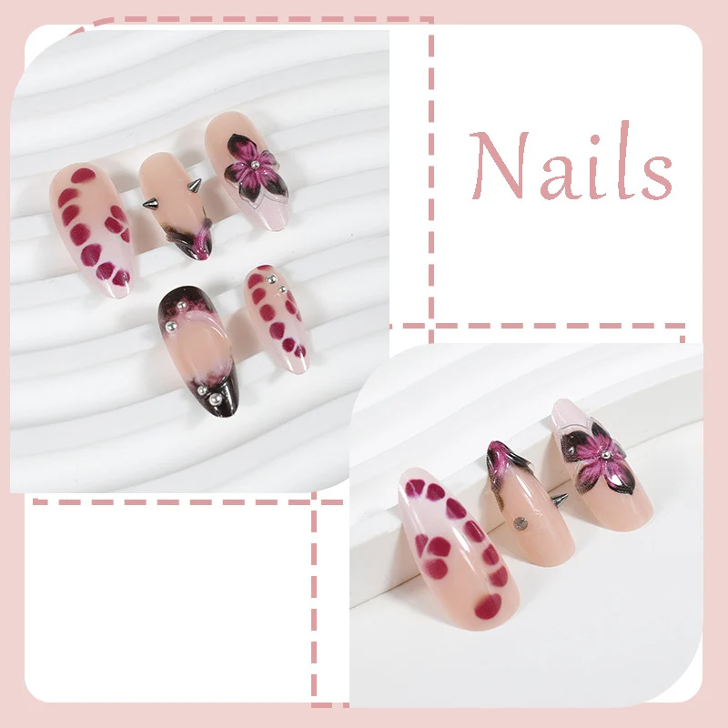 Kunstnagelset mit eleganten floralem Design und glänzenden Akzenten Brehn
