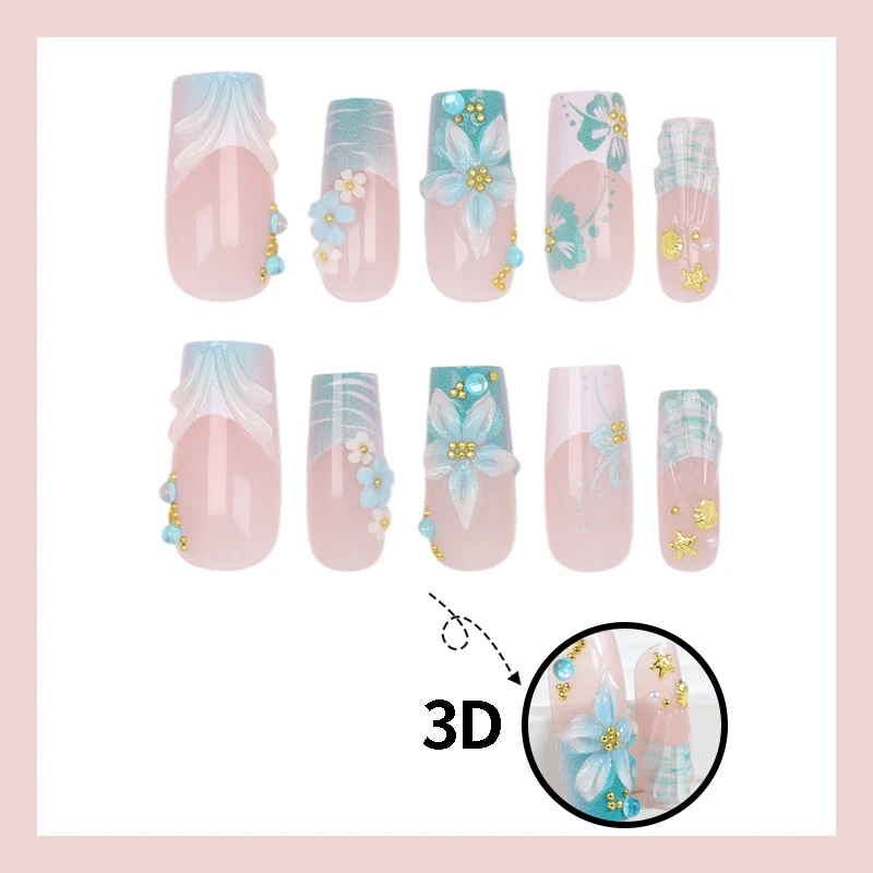 Kunstnagelset mit eleganten blumigen Verzierungen und Glitzerakzenten Brehn