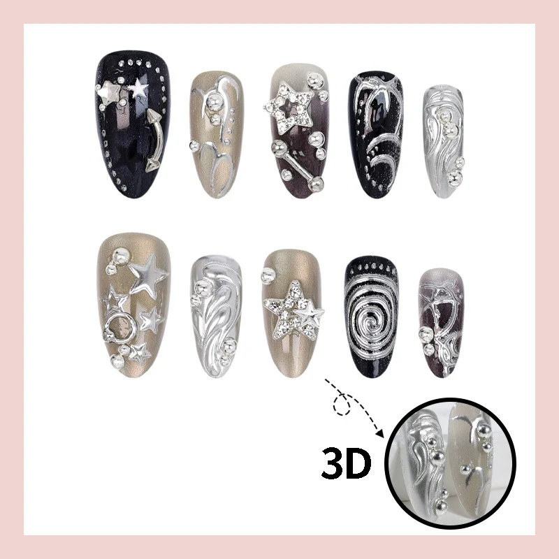 Kunstnageldesign Set mit glamourösen Sternen- und Metallic-Akzenten Brehn