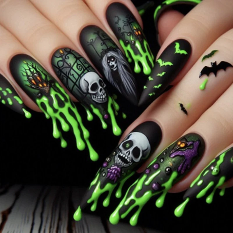 Künstliche Halloween Kunstnägel mit kreativen Geister- und Spinnenmotiven Brehn