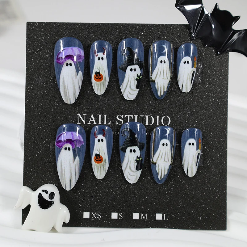 Halloween Kunstnagelset mit gruseligen Geister- und Kürbisdesigns Brehn