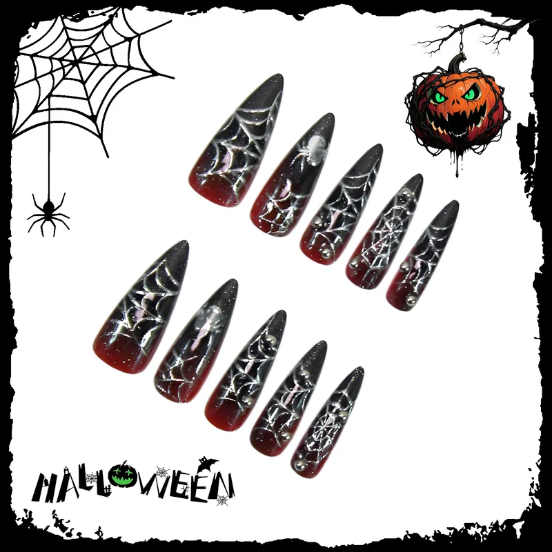 Halloween Kunstnagelset mit kreativen Spinnenmotiven und Glitzerdetails Brehn