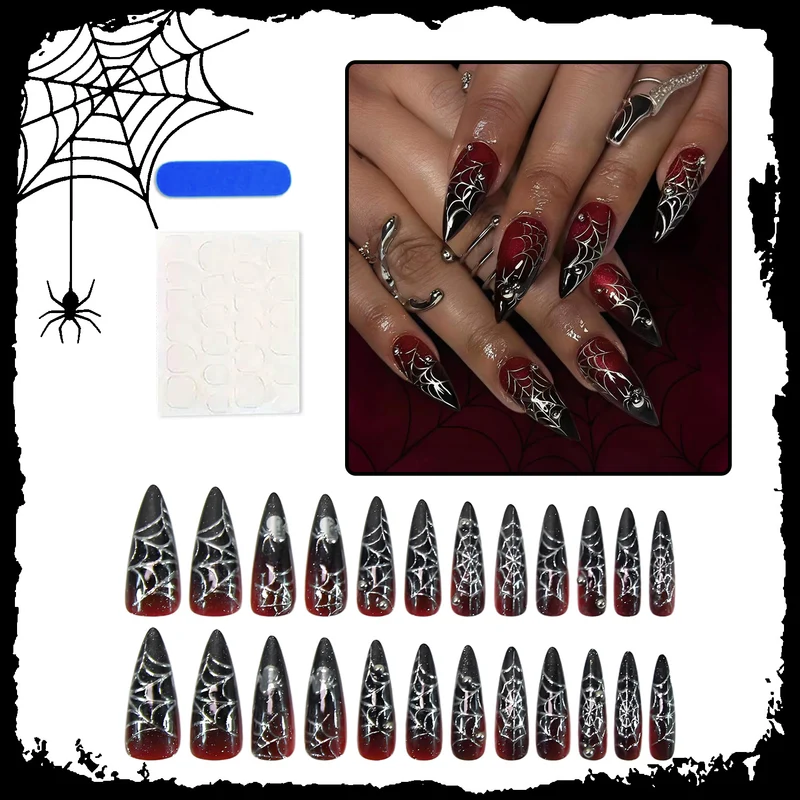 Halloween Kunstnagelset mit kreativen Spinnenmotiven und Glitzerdetails Brehn