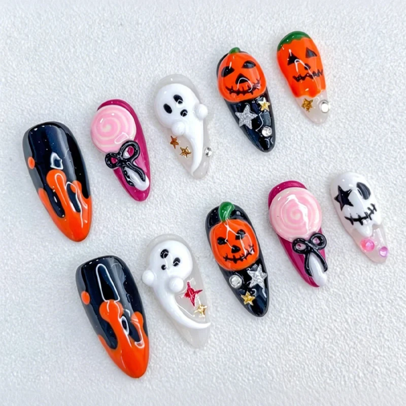 Halloween Kunstnagelset mit kreativen Geister- und Kürbismotiven Brehn