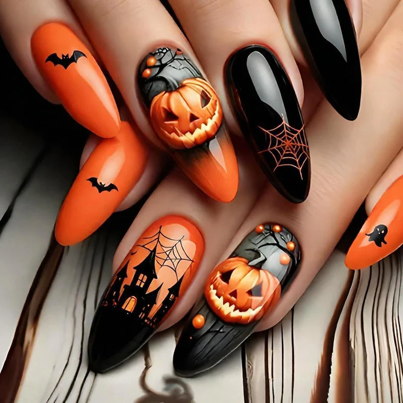 Halloween Kunstnagelset mit kreativen Geister- und Kürbismotiven Brehn