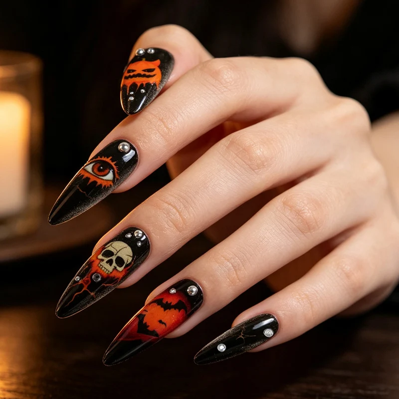 Halloween Kunstnagelset mit kreativen Geister- und Kürbisdesigns Brehn