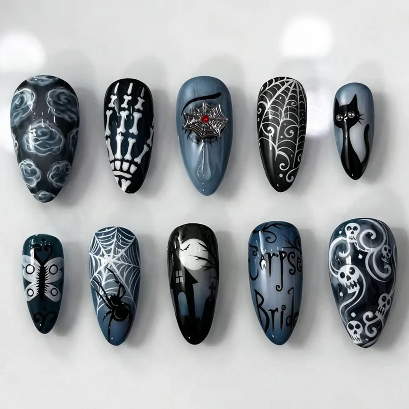 Halloween Kunstnagelset mit gruseligen Motiven und gleitendem Design Brehn