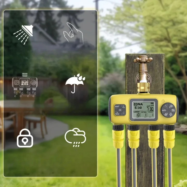 HydroVista - 4-Zonen digitales Bewässerungssystem mit LCD-Bildschirm und IPX7 wasserdichtem Smart-Ventilsystem Skanto