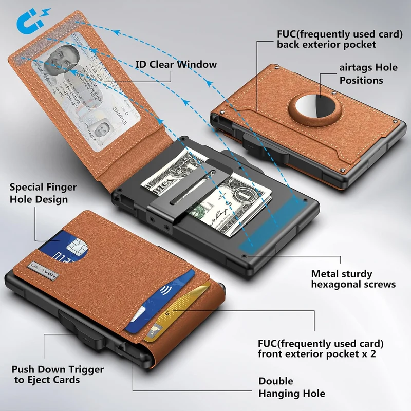 Skanto | ✨AirTag Geldbörse für Herren - mit Pop-Up Aluminium-Etui, Geldklammer, schlankem Lederkartenhalter, RFID-Blockierung, Bifold Minimalist Wallet
