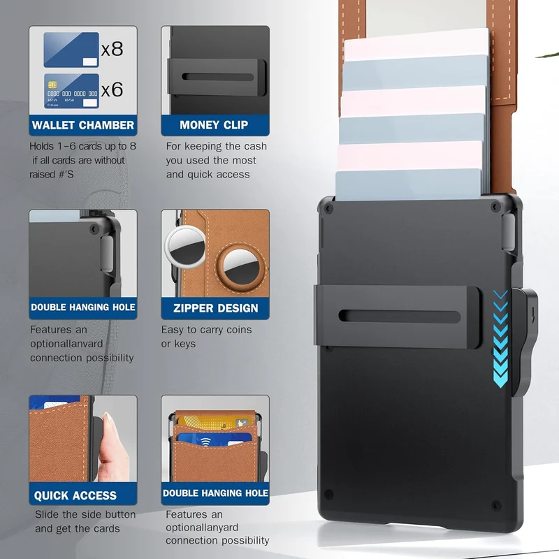 Skanto | ✨AirTag Geldbörse für Herren - mit Pop-Up Aluminium-Etui, Geldklammer, schlankem Lederkartenhalter, RFID-Blockierung, Bifold Minimalist Wallet