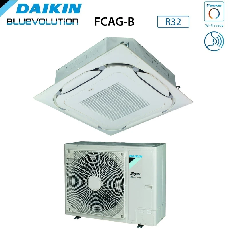 Climatiseur cassette Inverter Daikin Bluevolution SkyAir Alpha-Series 36 000 BTU FCAG100B + RZAG100NV1 monophasé R-32 avec Wi-Fi en option et grille standard