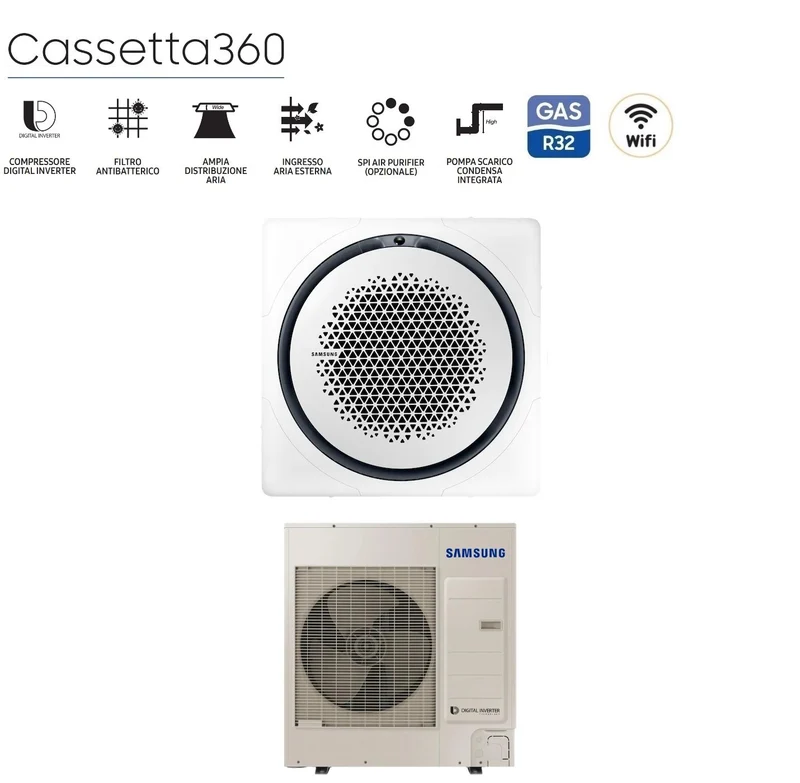 Climatiseur cassette Inverter Samsung 360° 36 000 BTU AC100RN4PKG/EU triphasé R-32 Wi-Fi en option. Panneaux disponibles en plusieurs modèles.