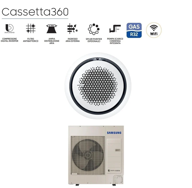 Climatiseur cassette Inverter Samsung 360° 36 000 BTU AC100RN4PKG/EU triphasé R-32 Wi-Fi en option. Panneaux disponibles en plusieurs modèles.