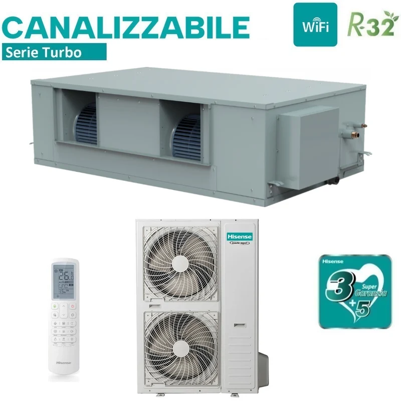 Climatiseur gainable Hisense Inverter série TURBO 68 000 BTU AUD200UX4RPH8 + AUW200U6RZ8 triphasé R-32 Wi-Fi en option avec télécommande de série