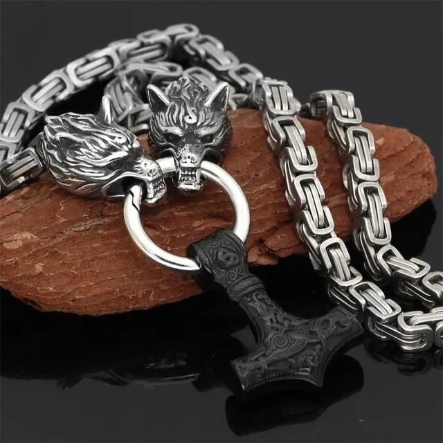Skanto | 60–90 cm Edelstahl Doppel-Wolfskopf & Mjölnir Survival Segment Halskette/Armband