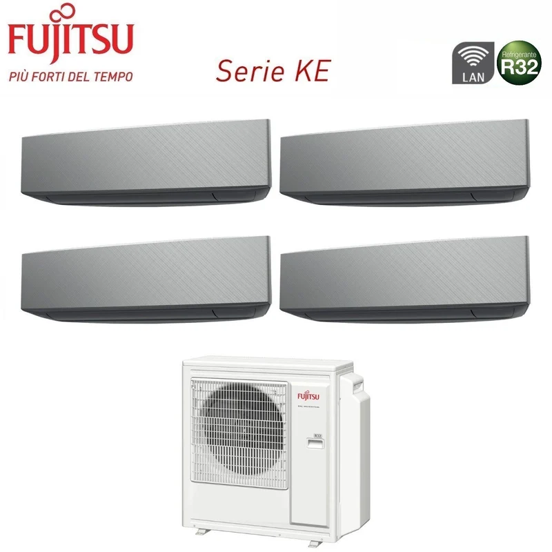 Climatiseur quadri-split inverter Fujitsu série KE SILVER 7+7+7+14 avec AOYG30KBTA4 R-32 Wi-Fi en option 7000+7000+7000+14000 Couleur argent