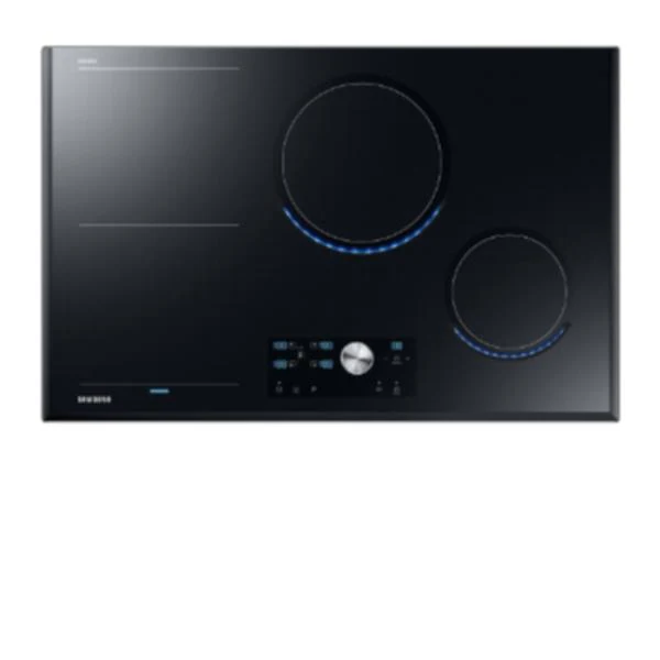 Plaque de cuisson à induction Samsung Virtual Flame NZ84T9770EK à 4 brûleurs (H 56 x L 80 x P 52 cm), verre trempé noir, flamme virtuelle bleue, bouton amovible