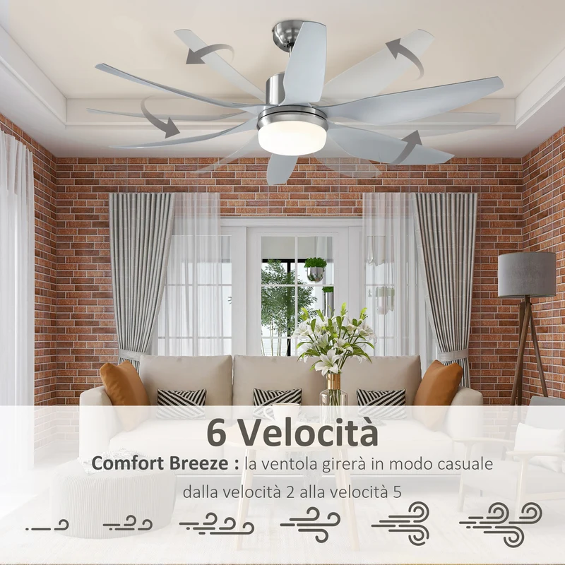 Easycomfort Ventilatore da Soffitto con Luce LED e Telecomando Incluso, 6 Velocità, Silenzioso e Reversibile, ?132x43cm