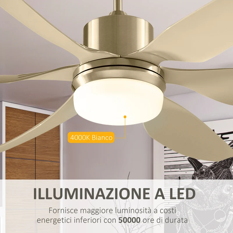 Easycomfort Ventilatore da Soffitto con Luce LED e Telecomando Incluso, 6 Velocità, Silenzioso e Reversibile, ?132x43cm