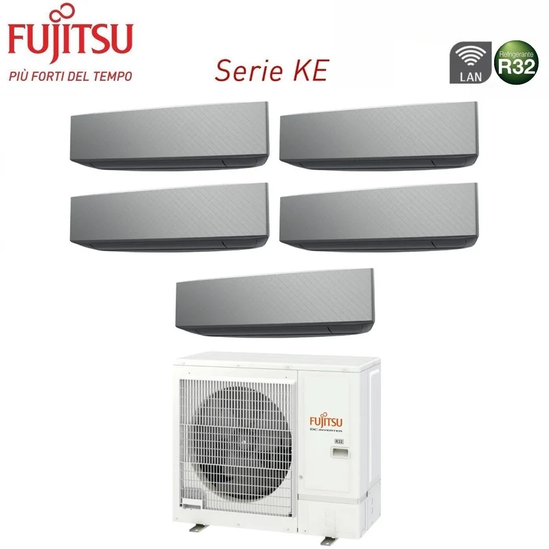 Climatiseur penta-split inverter Fujitsu série KE SILVER 9+9+12+12+12 avec AOYG36KBTA5 R-32 Wi-Fi en option 9000+9000+12000+12000+12000 Couleur argent