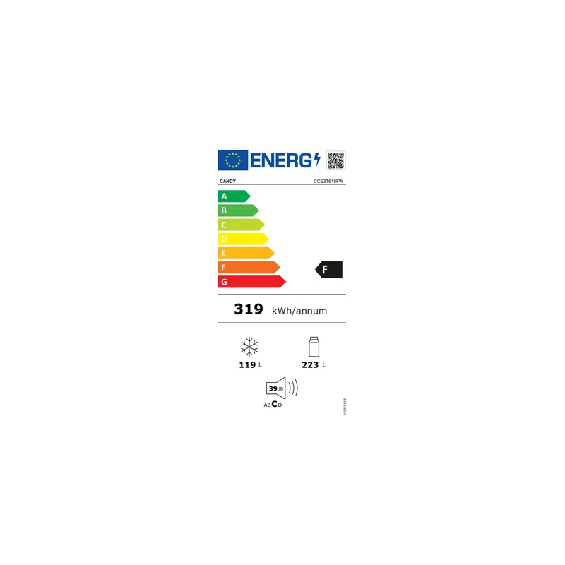 Réfrigérateur combiné Candy Fresco CCE3T618FW (H 185 x L 59,5 x P 65,8 cm) Classe F 342 litres Blanc Connectivité et contenu supplémentaires Fonctions Super Cool et Super Freeze