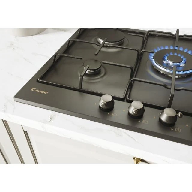 Plaque de cuisson à gaz Candy CHW74WGTGH 5 brûleurs 75 cm, vitrocéramique noire (L x P) 74 x 51 cm, collection classique avec brûleur double couronne