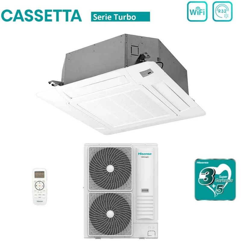 Climatiseur cassette Hisense Turbo 48 000 BTU AUC140UR4RKC8 R-32 avec Wi-Fi et télécommande en option inclus