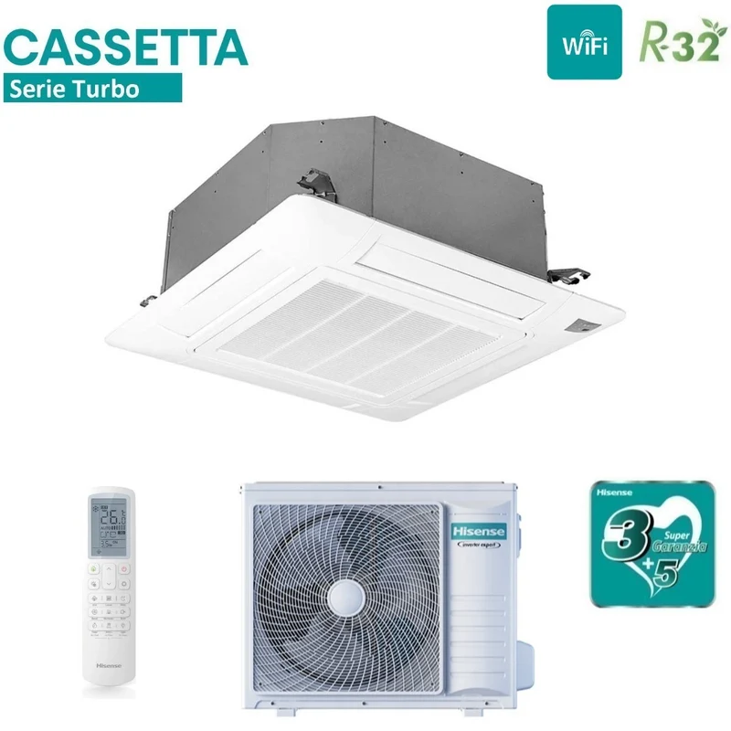 Climatiseur cassette Hisense Inverter série SUPER 36 000 BTU AUC105UR4RKC8 + AUW105U4RK7 R-32 Wi-Fi en option Classe énergétique A++/A+ avec télécommande et panneau de commande inclus