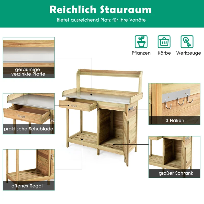 Pflanztisch Gärtnertisch Tannenholz 112x46x125cm Gartenschrank Blumentisch