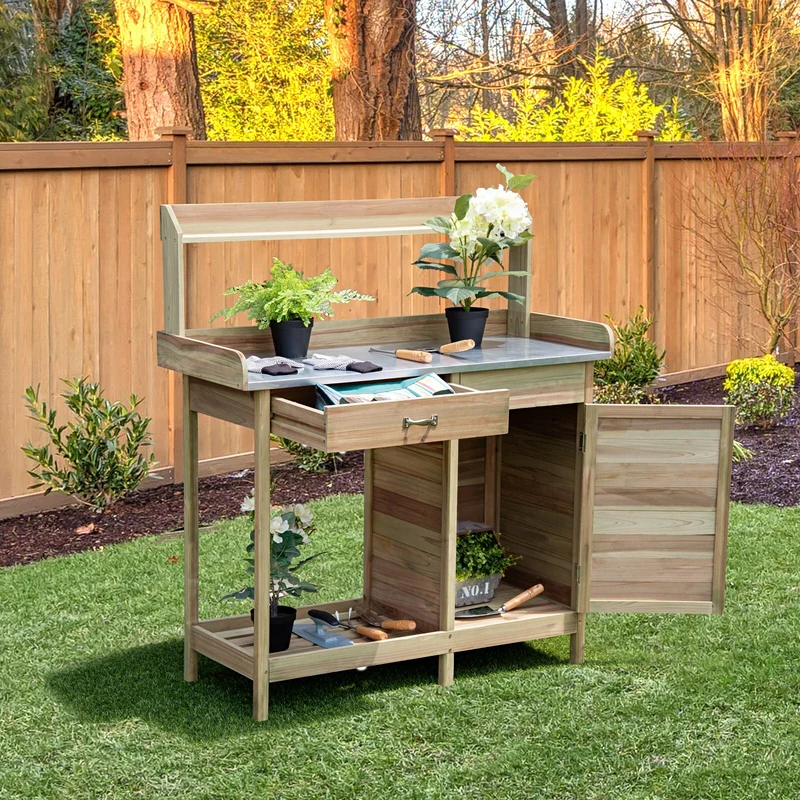 Pflanztisch Gärtnertisch Tannenholz 112x46x125cm Gartenschrank Blumentisch