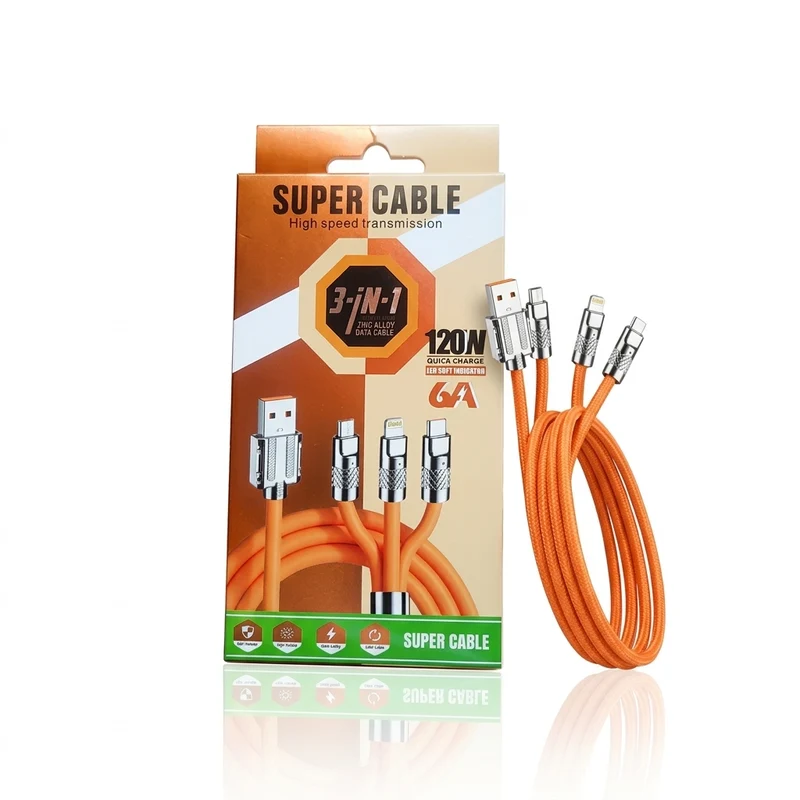 3-in-1 120W 6A Fast Charging Cable (Zinc Alloy Multi-Connector)