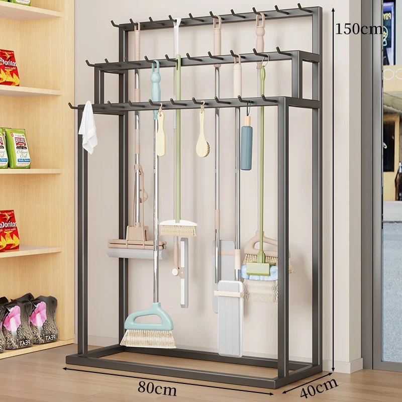 Vertikaler Mop- und Besen-Organizer-Rack mit Mehrfachhaken-Aufbewahrung