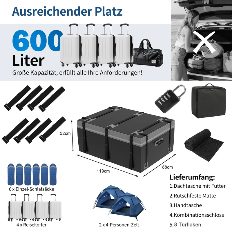Dachbox Dachtasche Dachträgerbox Faltbar 600L Wasserdicht
