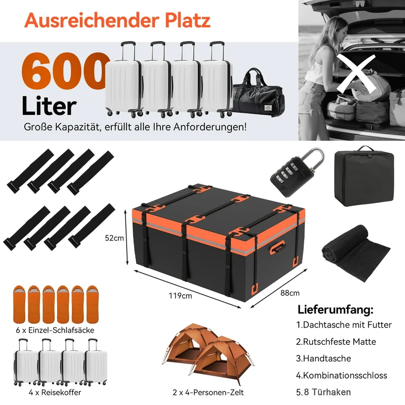 Dachbox Faltbar Dachträgerbox 600L Dachtasche Auto 840D