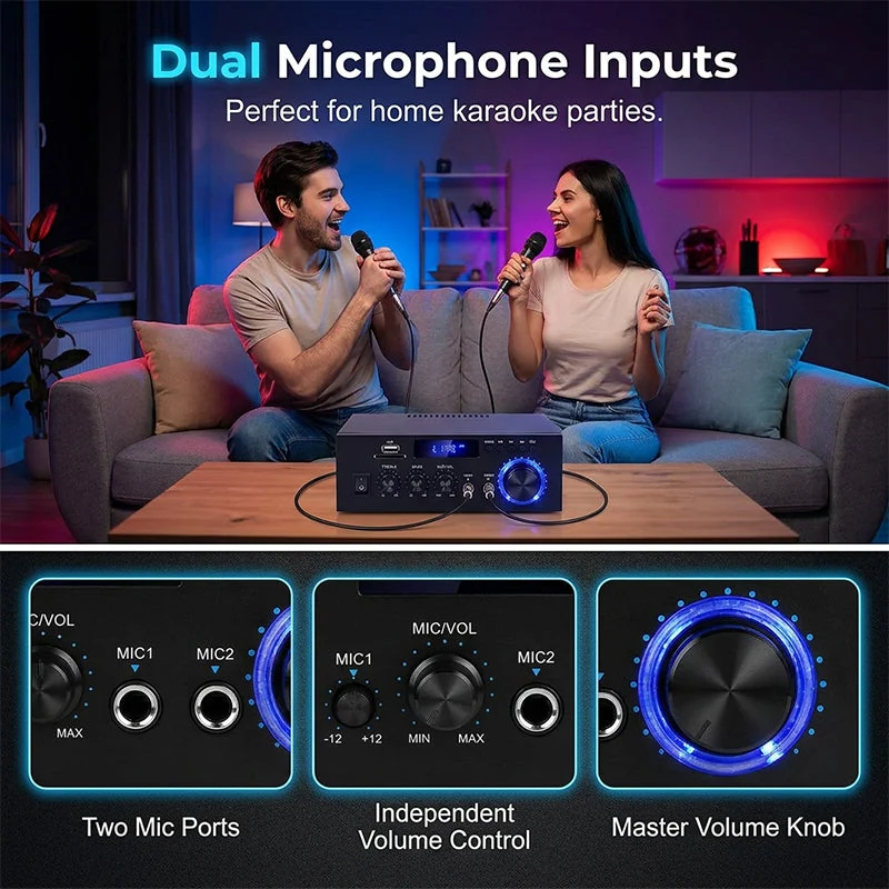 🔊 Digitaler Stereo-Verstärker mit Bluetooth & USB – 2-Kanal, kompakt & leistungsstark, ideal für Heimkino, Musik & Karaoke 🎵
