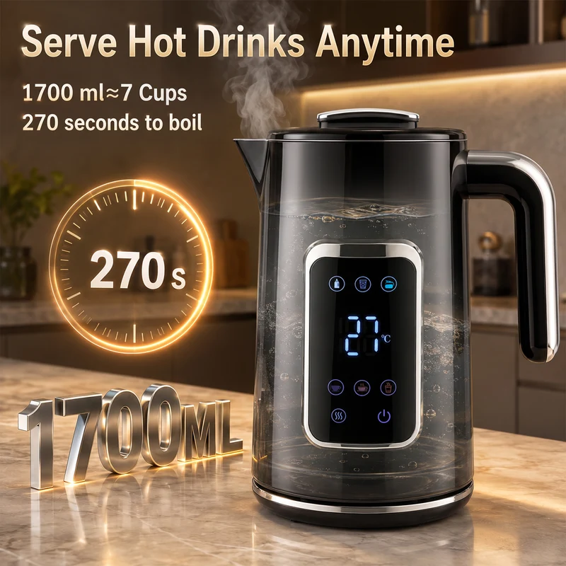1.7L 3000W Electric Kettle, Fast Boil with LED, Adjustable Temp, Keep Warm - Black