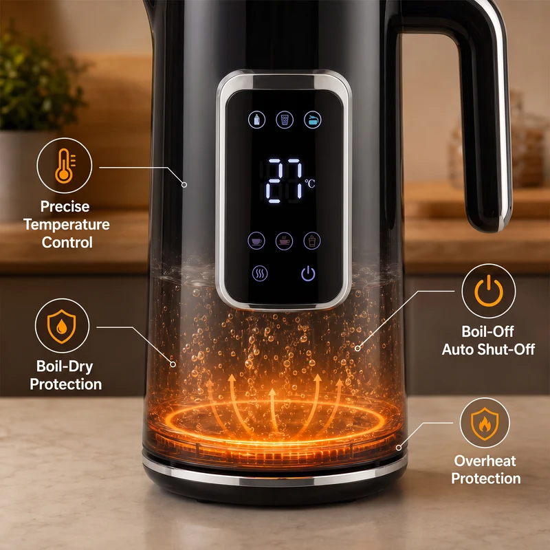 1.7L 3000W Electric Kettle, Fast Boil with LED, Adjustable Temp, Keep Warm - Black